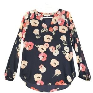 Cabi‎ Floral Print Long Sleeve Blouse Sheer Black Pink Peach Womens Small